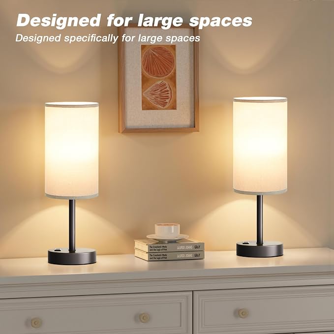 Grey Nightstand Bedroom Lamp - 3 Way Dimmable Bedside Lamp USB C A Charging Ports and AC Outlet, Small Table Lamp Linen Lampshade for Office Desk
