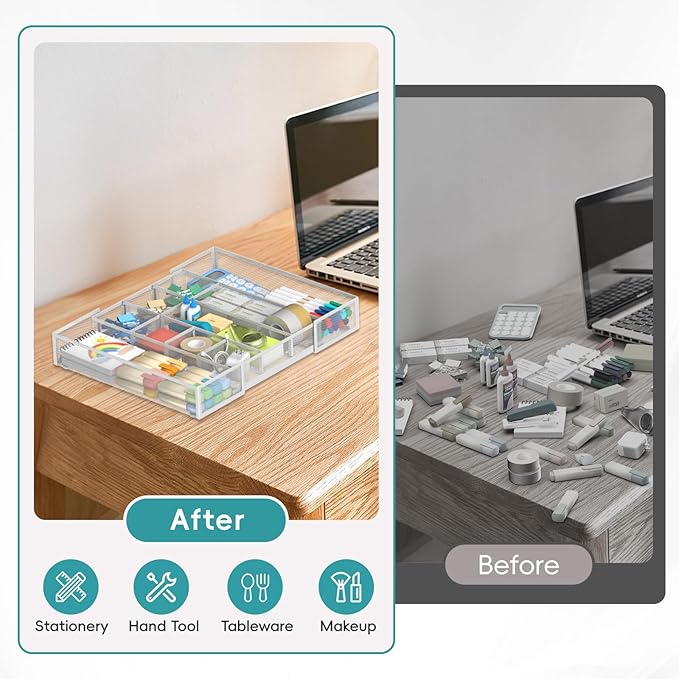 Expandable Desk Drawer Organizer Tray with 10 Adjustable Compartments, Metal Mesh Office Drawer Organizer, Versatile Desk Organizer for Home, School Supplies, Makeup Vanity & Jewelry (White)