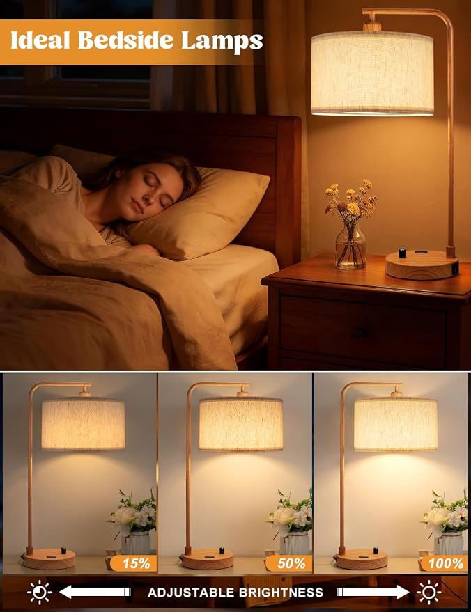 Innqoo Wood Table Lamp for Bedroom with USB Port and Outlet, Dimmable Nightstand Bedside Lamps with Linen Lampshade, Desk Lamp for Home Office, Living Room, Guest Room, LED Bulb Included