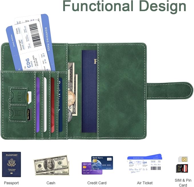 Passport Holder Wallet Cover Personalized Initial Travel Essentials | Embossed Letter A-Z Design, Travel Wallets, RFID Blocking, Passport Book Holders, Women Men, Personalized Gifts, Green-A