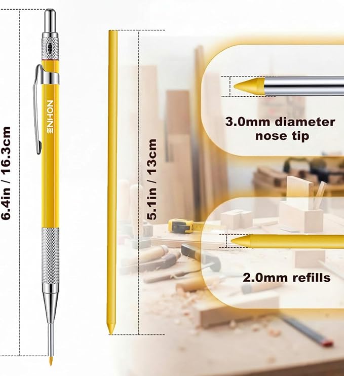 Enhon 2mm Carpenter Pencil Set with 12 Refills and Sharpener, Yellow | Woodworking Marking Tool Solid Deep Hole Construction Mechanical Pencil, Extended Needle-Nose Tip for Use in Jobs