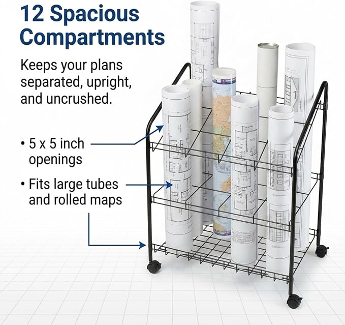 ALVIN WRF55 Wire Bin Roll File, Made for Rolled Maps, Plans, Drawings, and Tubes (5 x 5 Inches - 12 Slots)