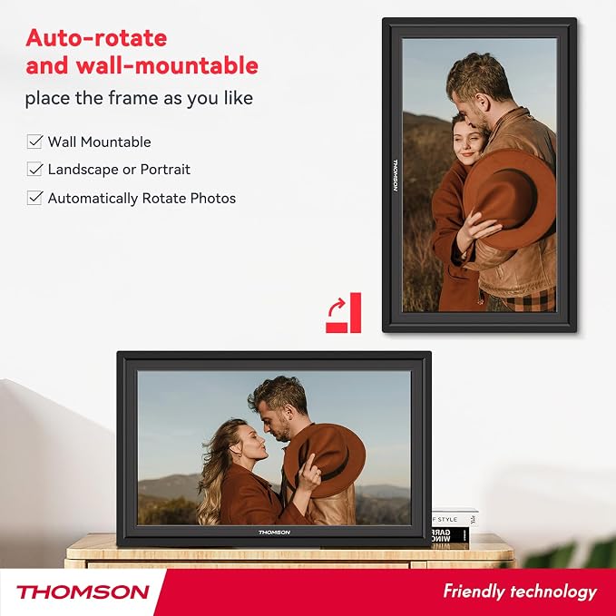 THOMSON 15.6Inch FHD Digital Picture Frame, 1920x1080 IPS Digital Photo Frame with 32GB Large Storage, Quad-Core CPU, Auto-Rotate, Slideshow, Easy Photo Transfer via WiFi APP/Email/USB/SD Card