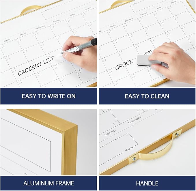 White Board Calendar - 12 X 16 Inches Magnetic Dry Erase Board Monthly Calendar, Double Sided Whiteboard with a Handle, to Do List Notepad for Office, Home, School, Gold Aluminum Frame