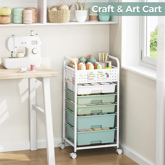 5 Drawer Rolling Storage Cart with Pegboard Top and Hooks, Gradient Green | Mobile Organizer Cart with Wheels for Office Supplies, Craft Storage, Classroom Organization, Home Utility Cart