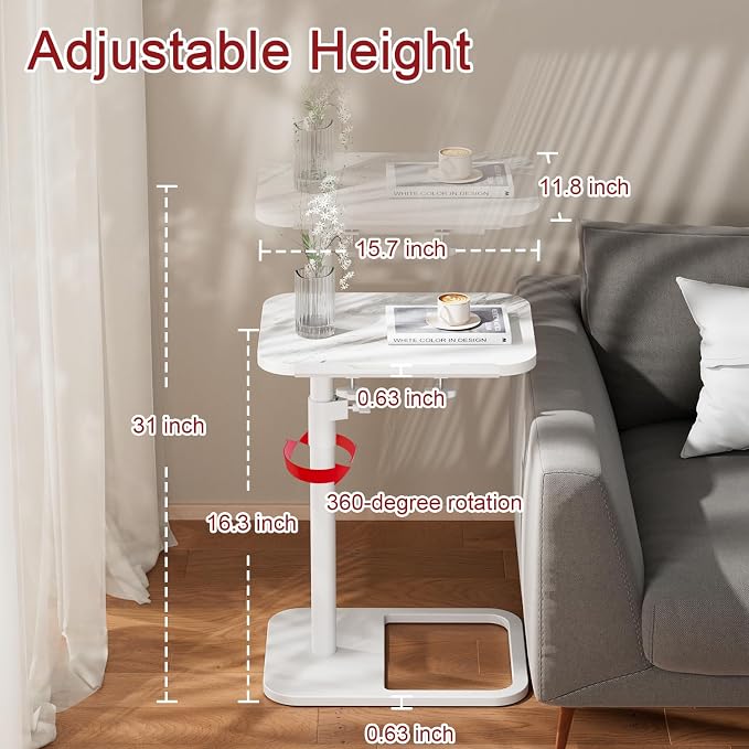 GOYLSER Adjustable Height Sofa C Table, 360° Swivel/180° Flip-Over Panel Side Table with Tablet Slots for Small Spaces, Morden TV Tray Couch Tables for Dinner Eating (White Marble)