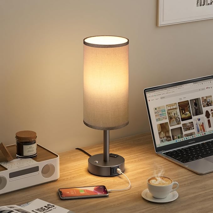 Grey Touch Bedside Lamp for Bedroom, Stepless Dimmable, USB A+C, AC Outlet | Base Touch Button Only, Memory Brightness, Ultra-dim Night Light, Included Bulb for Optimal Dimming, Grey Fabric Shade, Desk