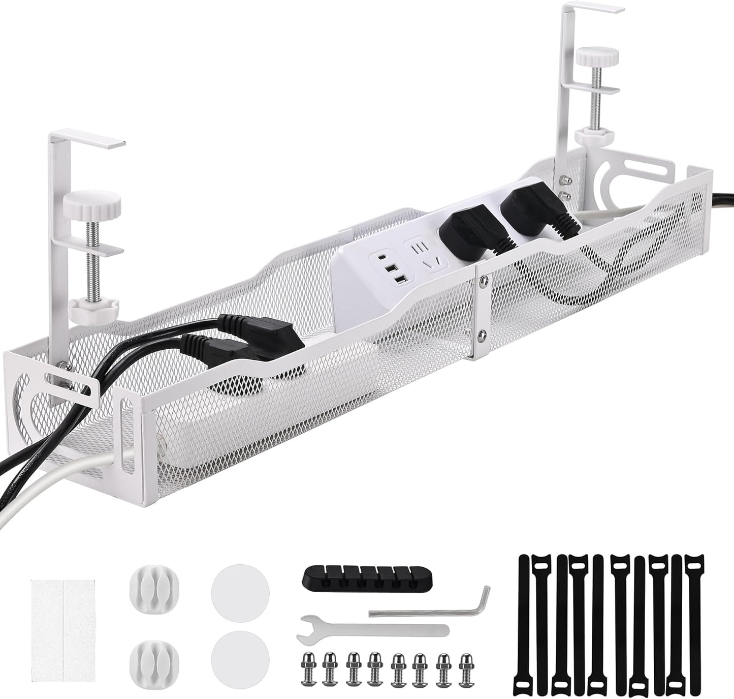 Under Desk Cable Management Tray 25.3 Inch – No Damage Install, Cord Organizer for Office & Home, Wire Organizer for Desk Storage, White