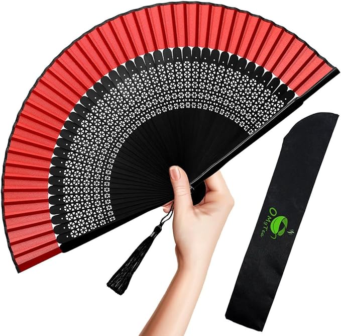 OMyTea Folding Hand Fan for Women - Foldable Chinese Japanese Vintage Bamboo Silk Fan - for Hot Flash, Church, Decoration, EDM, Music Festival, Dance, Party, Performance, Gift (Sexy Black - Red)