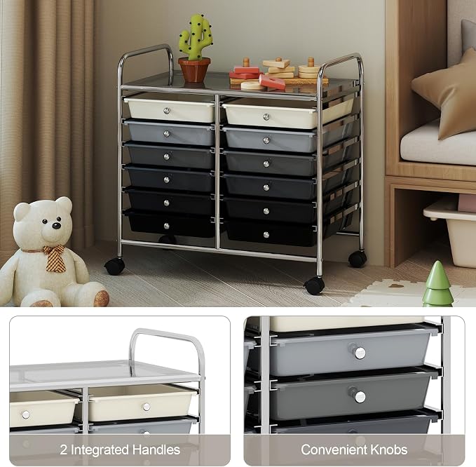 RELAX4LIFE 12-Drawer Rolling Storage Cart - Mobile Utility Cart on Wheels for School Classroom Teacher Office Salon, Paper File Art Supply Craft Organizer, Rolling Cart with Drawers (Gradient Black)