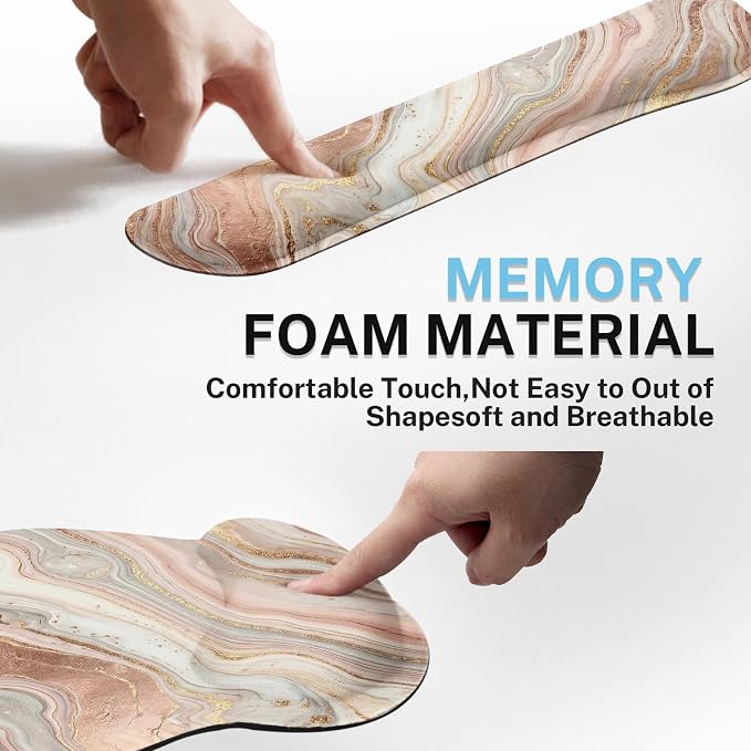 Ergonomic Mouse Pad Set with Wrist Rest, Gold Pink Marble | Abstract Non-Slip Rubber Base Wrist Cushion Support and Coasters Mousepad with Wrist Support for Computer Keyboard