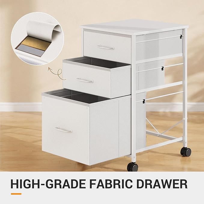 DEVAISE Mobile File Cabinet, Rolling Printer Stand with 3 Drawers, Fabric Vertical Filing Cabinet fits A4 or Letter Size for Home Office, White