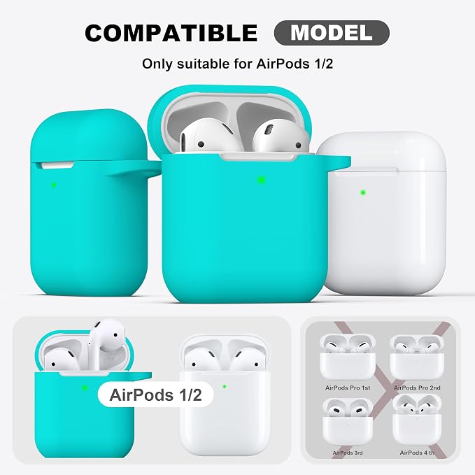 R-fun for AirPods 1/2 Case, Soft Silicone Protective Cover with Keychain and Cleaning Pen, Compatible with AirPods 2nd/1st Generation (2016/2019), Full Drop Protection Cover, New Teal