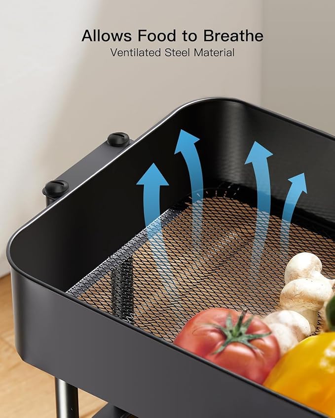 Pipishell 4 Tier Metal Rolling Utility Cart with 2 Lockable Wheels, Black | 360° Rotating Wheel, Heavy-Duty Steel, Sturdy Dual Columns, Ventilated Mesh, Hold 22 lbs per Shelf, for Kitchen & Dining Room