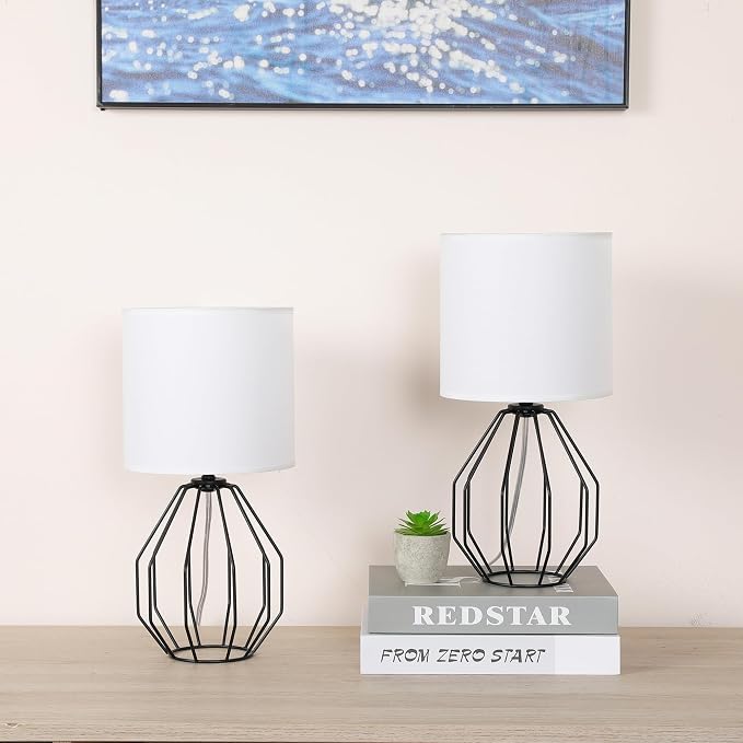Small Table Lamp Set of 2 Black, Bedside Lamps with Metal Cage & Linen Lampshade, Cute Desk Lamps for Nightstand, Bedroom, Kids Room, Office