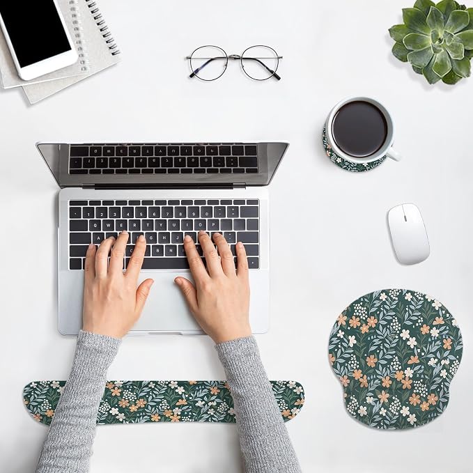 Ergonomic Mouse Pad Set with Wrist Rest, Floral Wildflower | Vintage Green Non-Slip Rubber Base Wrist Cushion Support and Coasters Mousepad with Wrist Support for Computer Keyboard