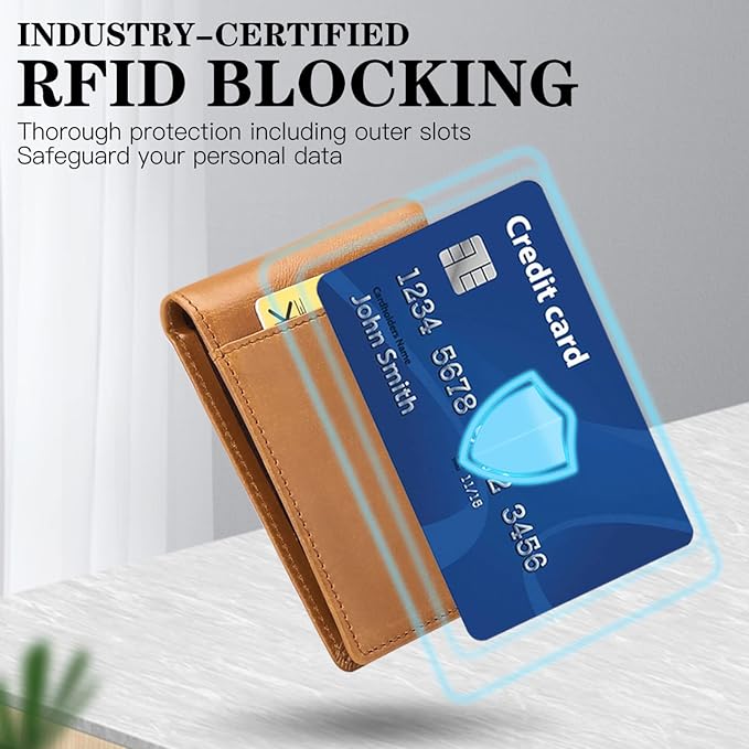 Wallet for Men Genuine Leather RFID Blocking Bifold Wallet With 2 ID Windows (Khaki)