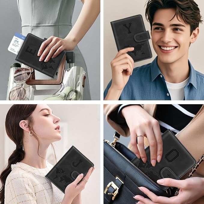 Passport Holder for Travel Essentials Personalized Initial Wallets | Embossed Letter A-Z Design, RFID Blocking, Passport Cover, Passport Book Holders, Men and Women, Personalized Gifts, Black-Y