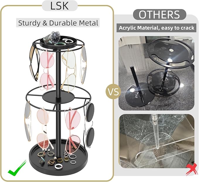 LSK 2-Tier Sunglass Organizer, Metal Glasses Stand with Storage Tray, Black | Sunglass Holder with Non-Slip Pad for Nightstand, Tabletop, Desk, Dresser, Hanging Up to 9 Pairs Sunlasses/Reading Glasses