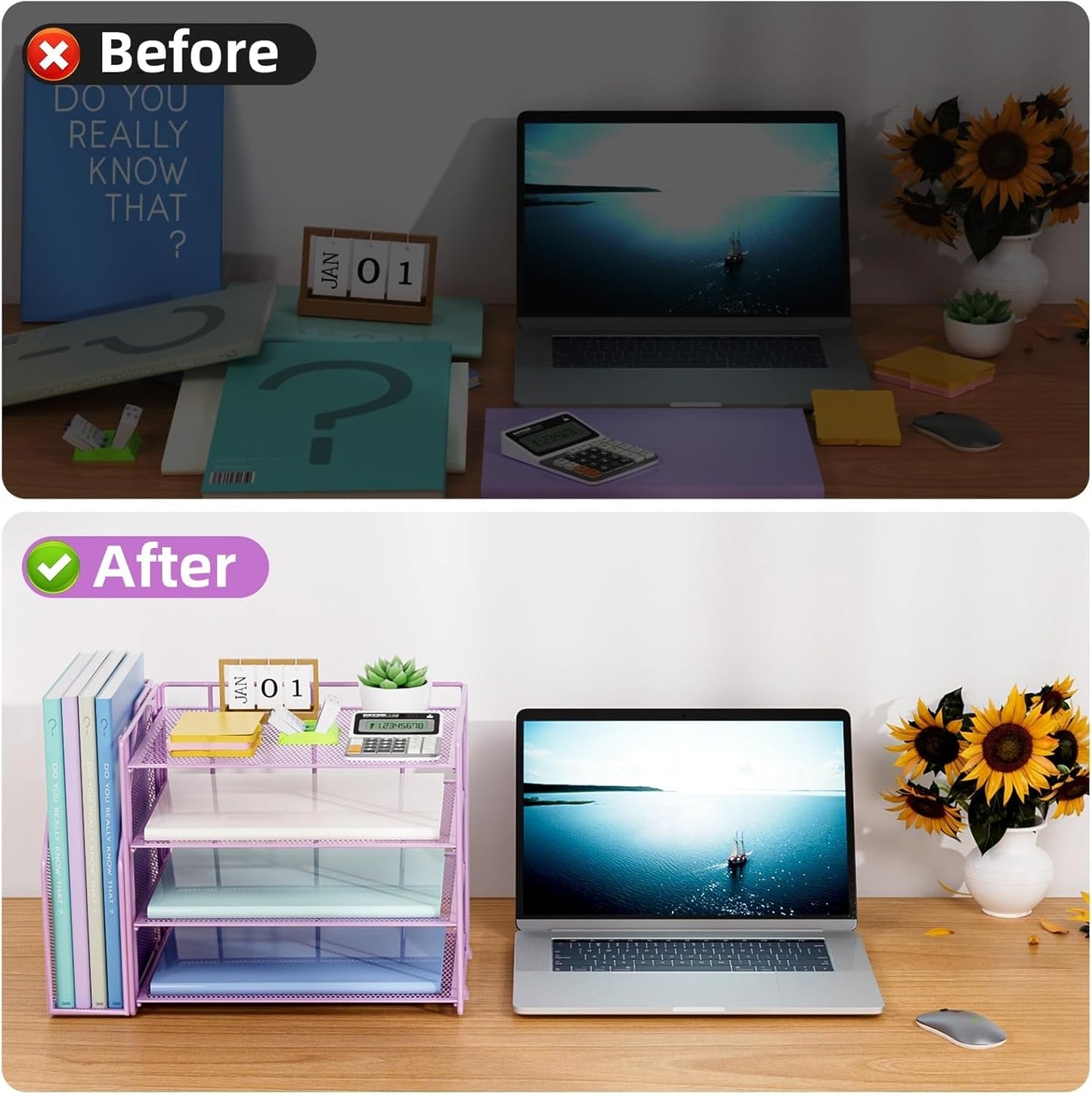 Marbrasse Desk Organizer and Accessories，4-Tier Paper Letter Tray Organizer with File Holder，Desk Accessories & Workspace Desktop Organizers for School Home Office Supplies (Purple)