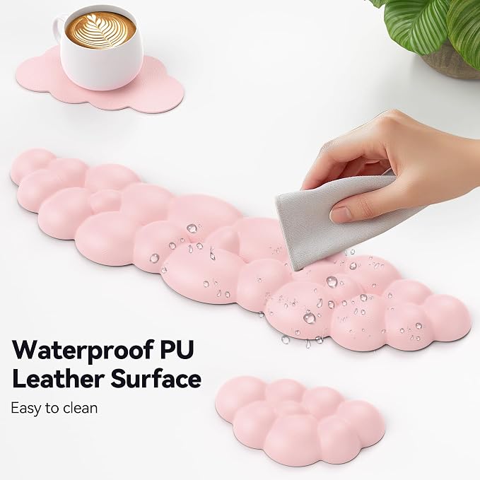 TECKNET Cloud Keyboard Wrist Rest Set, Cloud Wrist Rest with Non-Slip Base, PU Leather Wrist Pad for Keyboard with Ergonomic Memory Foam for Computer Laptop Office Gaming and Pain Relief, Light Pink