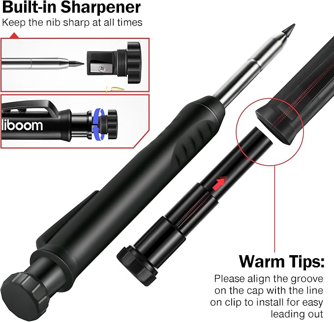 Hiboom Mechanical Carpenter Pencil with 7 Leads, Deep Hole Marker, Black | Built-In Sharpener, Long Nose Construction Pencil, Pocket Clip Design, Woodworking Tools, Marks on Various Surfaces