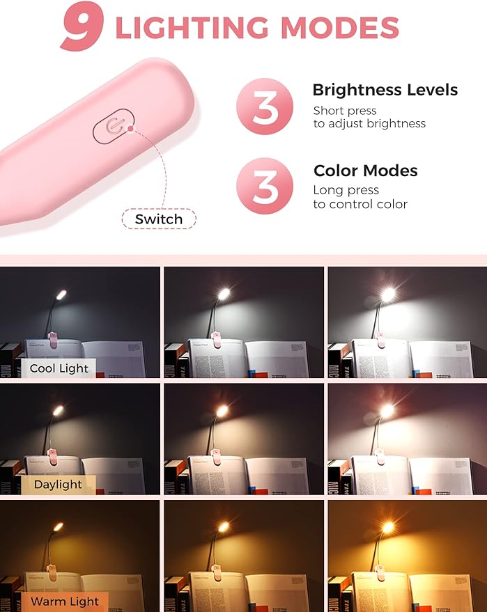Monotremp Book Lights for Reading at Night in Bed, 80 Hours Runtime Rechargeable Reading Lights for Books in Bed, 3 Brightness Levels × 3 Color Temperatures, 1.3 oz Lightweight