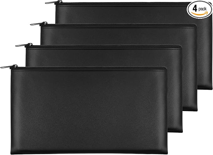 Joyberg 4Pack Money Bag 11 X 6", Safe Durable Waterproof PU Leather Bank Bag with Zipper for Cash, Coin, Checks, Makeup Bills Receipts Tool Storage (Black)