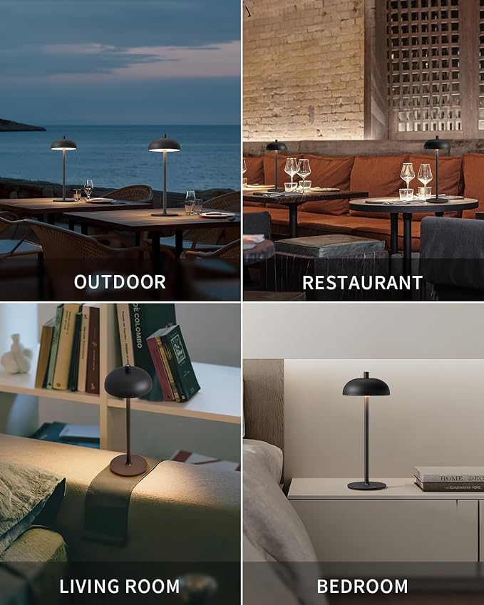 12" Cordless Table Lamps Set of 2, Black Modern Portable Desk Lamp | LED, 3 Color Dimming, Rechargeable, Battery Operated Lights for Bedroom, Outdoor, Restaurant, Bedside, Night Light, Gifts