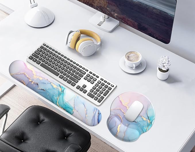 Mouse Pad Wrist Support, Ergonomic Memory Foam Keyboard Wrist Pad & Gel Wrist Rest Set for Computer Keyboard for Easy Typing & Pain Relief for Office & Home (Cyan Pink Marble)