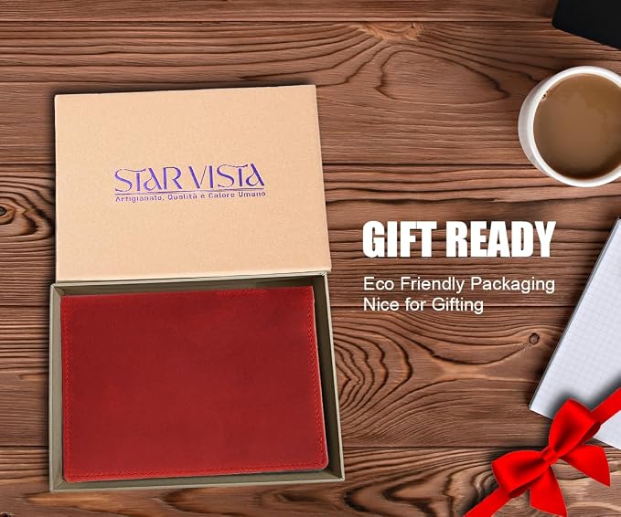 STAR VISTA Phoenix Leather Passport Holder, Full Grain Leather Travel Wallet - Slim, Bifold, RFID Blocking, ID Window, Coin Pocket, Card Slots, SIM Slots, AirTag Holder, Red