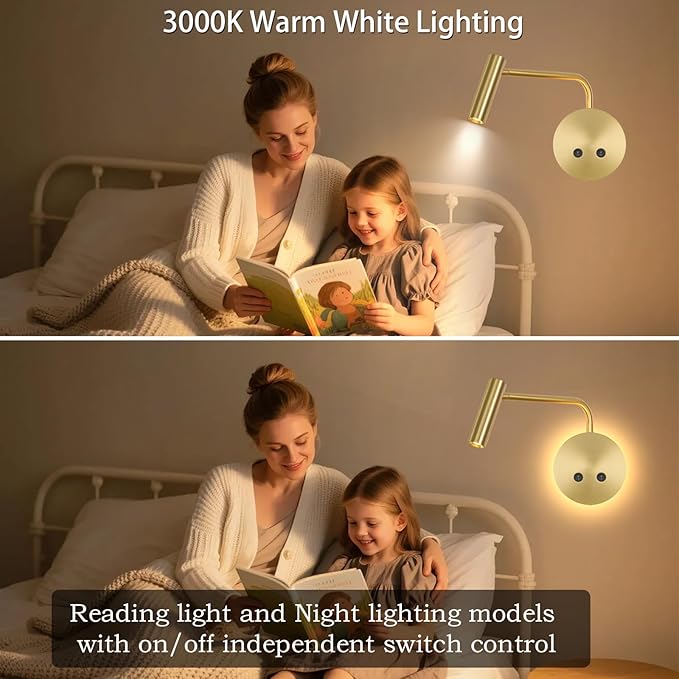 Gold Wall Mounted Reading Light 2 Pack, 3000K Flexible Headboard Reading Sconces with On Off Switch Control, Plug in/Hardwired Wall Light Fixtures with Night Light for Bedside Bedroom Bunk