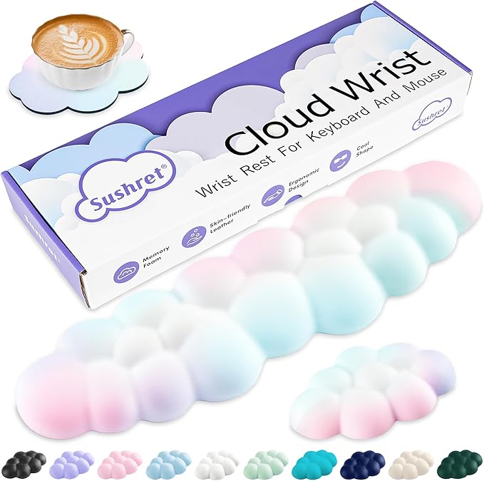 Cloud Wrist Rest Keyboard, Cloud Keyboard Wrist Pad Set with PU Leather Memory Foam, Cute Arm Rest for Palm Support, PC/Gaming Desk Accessories/Office Setup/Computer Hand Cushion - Rainbow