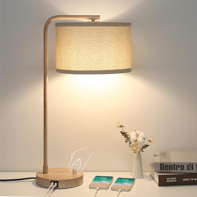 Farmhouse Table Lamp, Fully Dimmable Tall Bedisde Lamp with USB C+A Ports | 25" Modern Nightstand Lamp with Wood Grain Metal Base, Desk Reading Lamp for Living Room Bedroom Office, LED Bulb Included