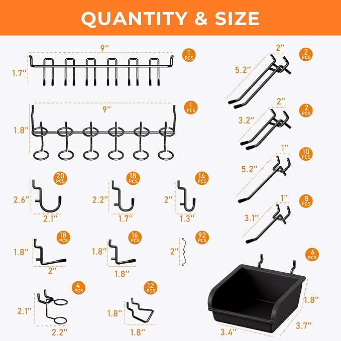 INCLY 220PCS Pegboard Accessories Organizer Kit for 1/4 Inch Pegboard | Extra Thick, Heavy Duty, Black Pegboard Hooks with Bins & Peg Lock, Peg Board Hooks Assortment, For Garage Wall Hanging Tools