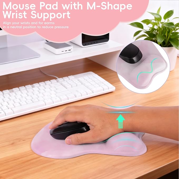 Mouse Pad with Wrist Rest Ergonomic Mouse Pad with Comfortable M-Shape Pain Relief Wrist Support Non-Slip PU Base Mousepad for Laptop, Office & Home (Blush Pink)
