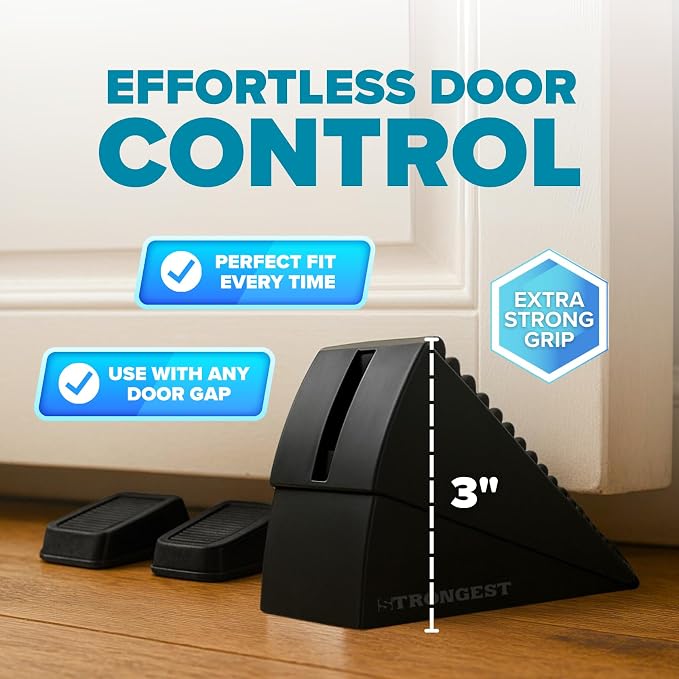 STRONGEST HOME Stoppers for Bottom of Door – Heavy Duty Metal Rubber Door Stopper, Non-Slip Door Stop for Heavy Doors, Works on Wood, Tile & Carpet Floors, Folding Black 4 PC + 4 White Wall Protectors