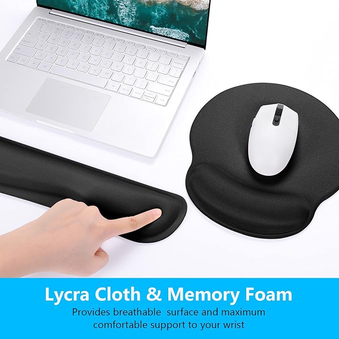 Dapesuom Keyboard Wrist Rest and Mouse Pad with Wrist Support, Memory Foam Cushion for Keyboard and Mouse Set, Ergonomic Desktop Pad Rests with Non Slip Base for Easy Typing & Pain Relief, Jet Black