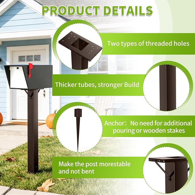 BOUGOON Bronze Metal Mailbox Post for Outside,43x 4X 4 inch Heavy Duty In-Ground Mounting Post with Anchor for Easy Install Mailbox Use