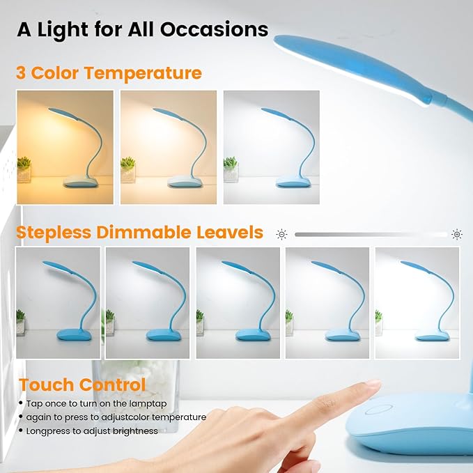 Portable Battery Powered Desk Lamp Small Rechargeable LED Table Light | 400 Lumen Eye Care,3 Color Temperatures,Stepless Touch Dimming,360° Adjustable for Nail Study Dorm Office Bedroom,Blue 2 Pcs