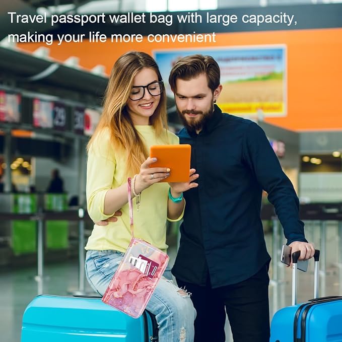 Family Passport Holder Wallet RFID Blocking Document Organizer | PU Leather Mulit-purpose Travel Wallet Credit Cards Case for Women Men, Pink Marble