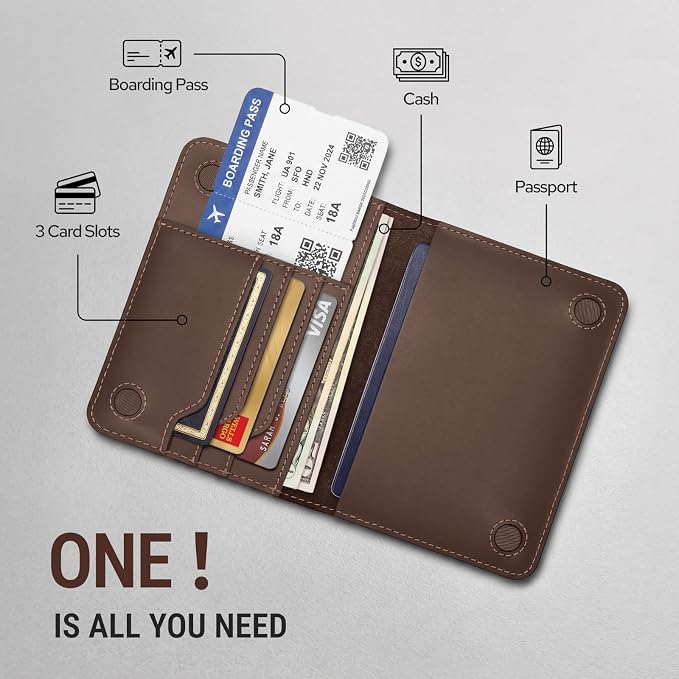 ALLIVE Passport Holder for Travel, Genuine Leather Passport Holder with AirTag Slot, Magnetic Closure, RFID Blocking Passport Cover Travel Wallet for Women Men, Travel Essentials Gifts (Coffee Brown)