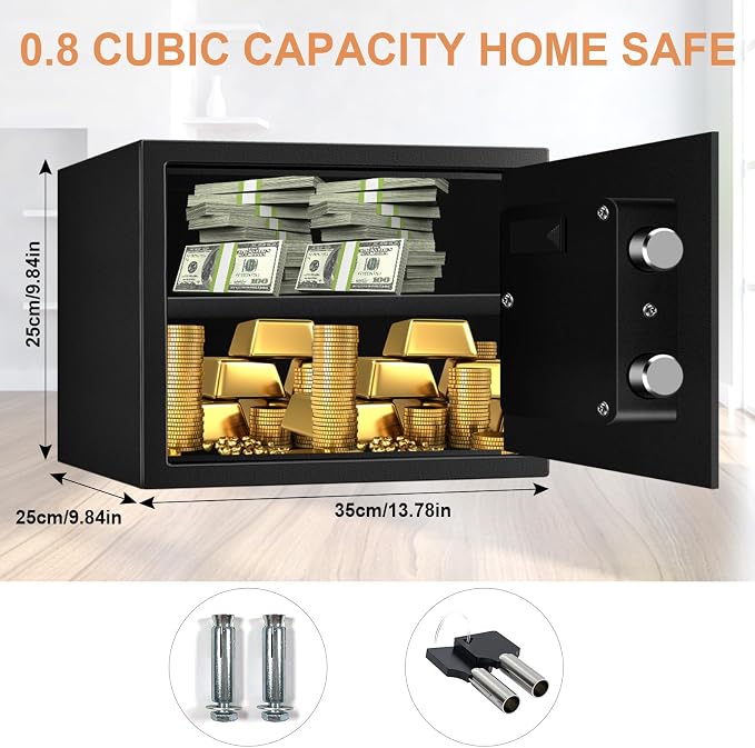 1.7 CUFT Home Safe Fireproof Waterproof, Anti-Theft Digital Security Personal Safe Box with Electronic Keypad and Removable Shelf, Small Fireproof Safe for Documents Money, Jewelry, Medications