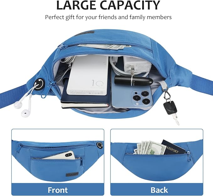 Large Blue Crossbody Fanny Pack for Women Men Belt Bag Fit All Phones | 4-Zipper Pockets,Nylon,Fashion,Gifts for Enjoy Sports Yoga Running Workout Walking Casual