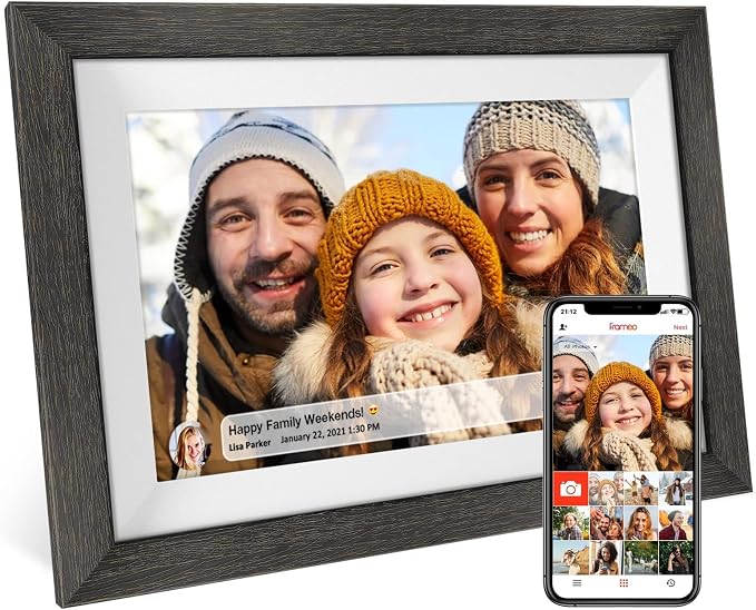 Frameo 10.1 inch Digital Picture Frame WiFi Smart Digital Photo Frame Wood | IPS HD 1280 * 800 1080P Touch Screen Auto-Rotate Easy Setup to use Free Share Photos and Videos Gift for mon Father Women