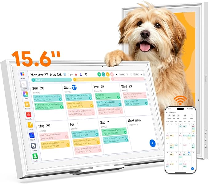 15.6" 1080P HD Digital Calendar&Photo Frame, Auto-Sync to iCloud&Google&Outlook, Touchscreen Wall Planner, Chore Chart, To-Do&AI Meal Planner, No Subscription, Wall/Desk Mount, Gift for Mom