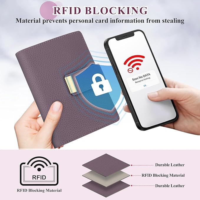 BKNOOU RFID Blocking Passport Holder with Airtag Slot- Leather Travel Passport Wallet for Women, Slim Bifold Travel Passport Holder Holds Cards & Tickets & Cash (Light Purple)