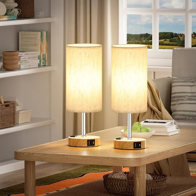 Touch Bedside Table Lamps Set of 2 - Bedroom Lamp with USB A+C, AC Outlet | 17" Tall Nightstand Lamp for Dorm, 3-Way Dimmable, LED Bulb Included, Linen-Texture Fabric Lampshade, Wood-Grain Metal Base