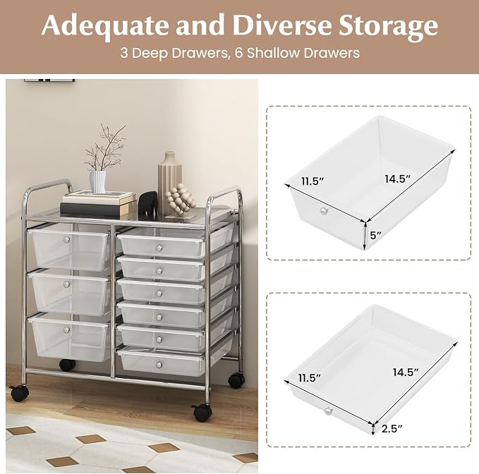 RELAX4LIFE 9 Drawer Rolling Storage Cart - Mobile Drawer Carts for Craft Art Supply Paper Salon, Utility Cart on Wheels for Classroom Teacher School Office, Rolling Cart with Drawers (Clear)