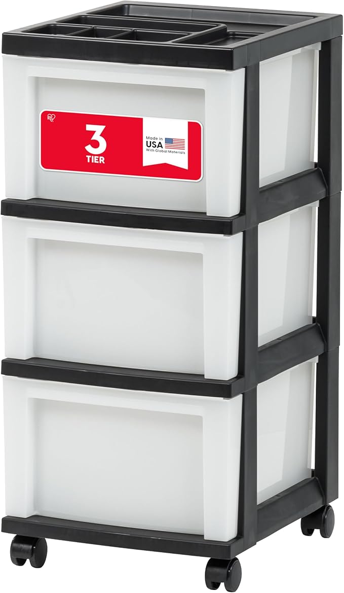 IRIS USA 3-Drawer Rolling Storage Cart, Black/Pearl | Keep classroom supplies, teacher essentials, craft materials, and learning tools organized with easy-access drawers.